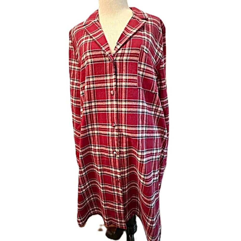 NWT Pretty You London Plaid Flannel Nightshirt burgundy/white/black LS size 12
